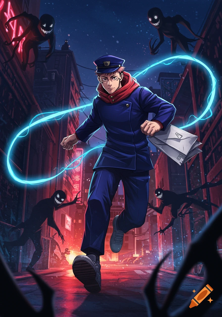 An anime-style mailman in a blue uniform and red hoodie runs through a dark, neon-lit city street at night, pursued by shadowy, grinning monsters, with a glowing blue energy trail around him.