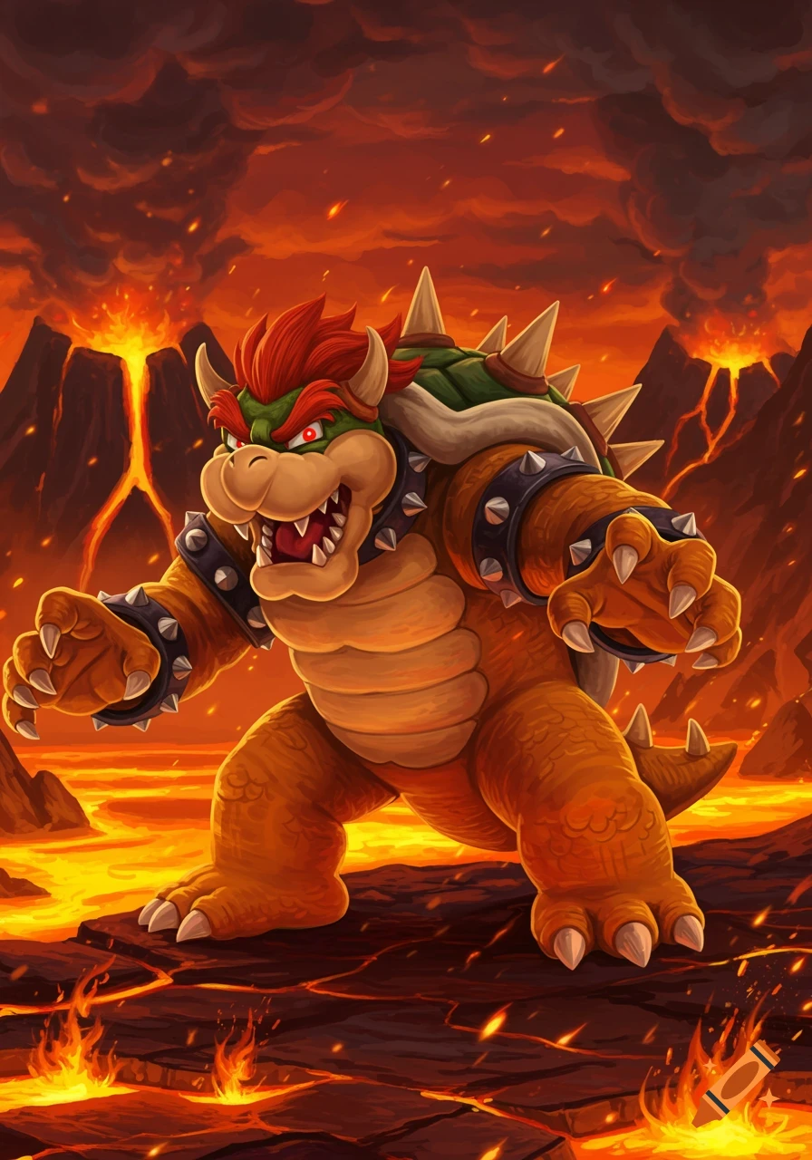 Bowser, the Super Mario villain, stands menacingly in a fiery landscape with lava and volcanoes.