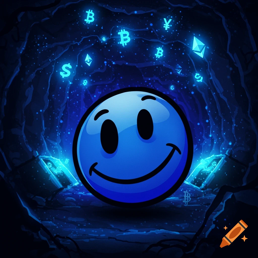 A glowing blue cartoon smiley face in a dark, blue-lit cave, surrounded by floating cryptocurrency symbols like Bitcoin and Ethereum.