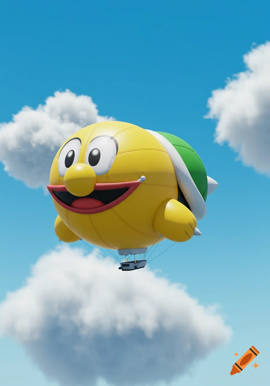 A giant yellow Lakitu blimp with a green shell flying in a clear blue sky with white clouds.
