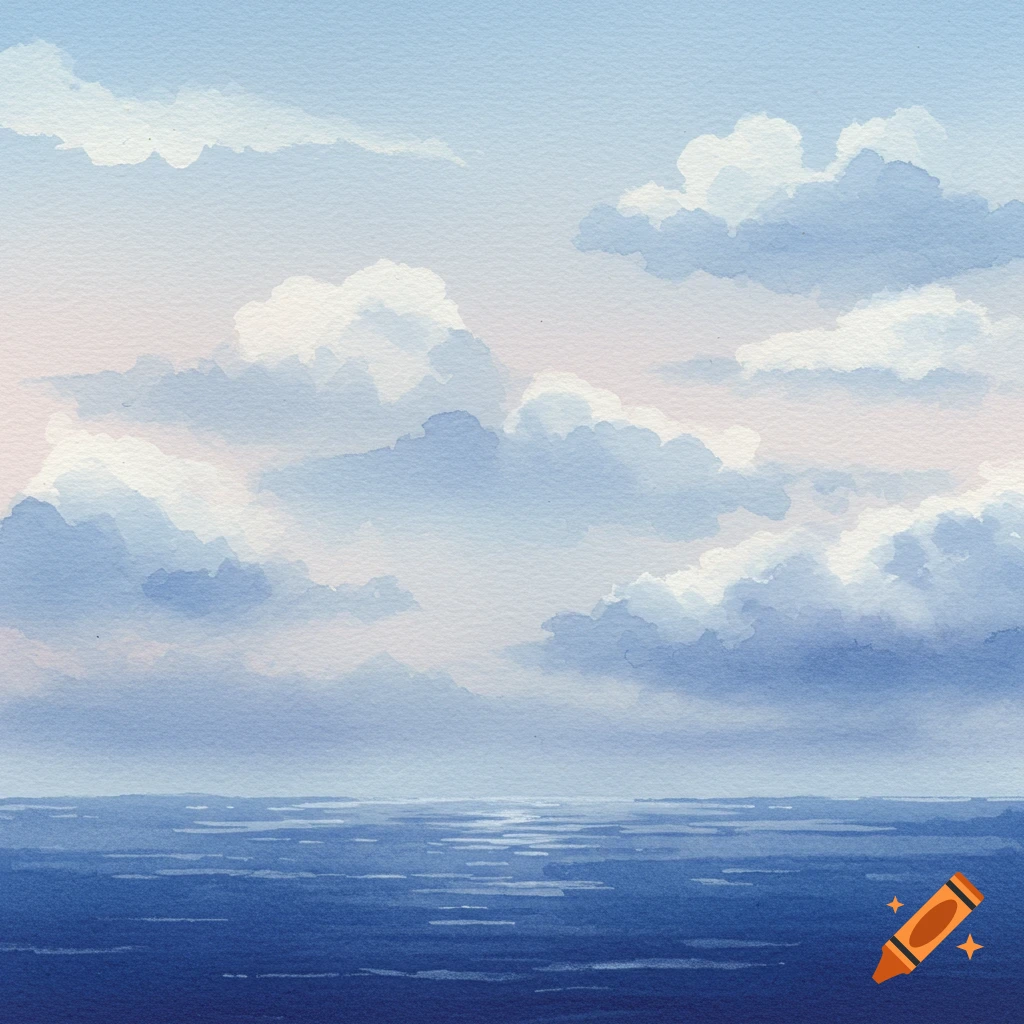 Watercolor painting of a light blue sky with clouds above a deep blue ocean with subtle reflections.
