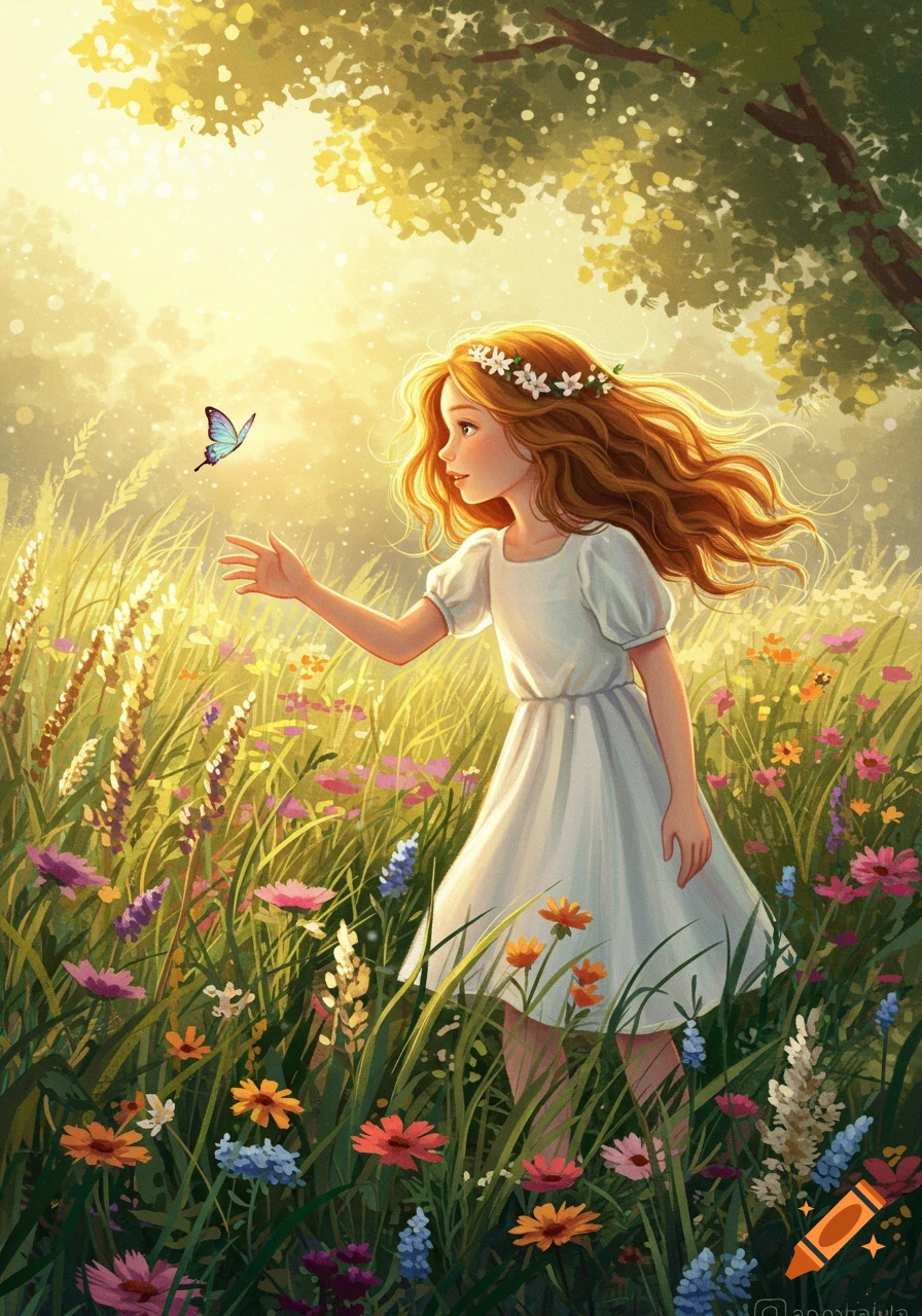 A whimsical illustration of a girl in a white dress reaching for a blue butterfly in a vibrant, sunlit meadow.