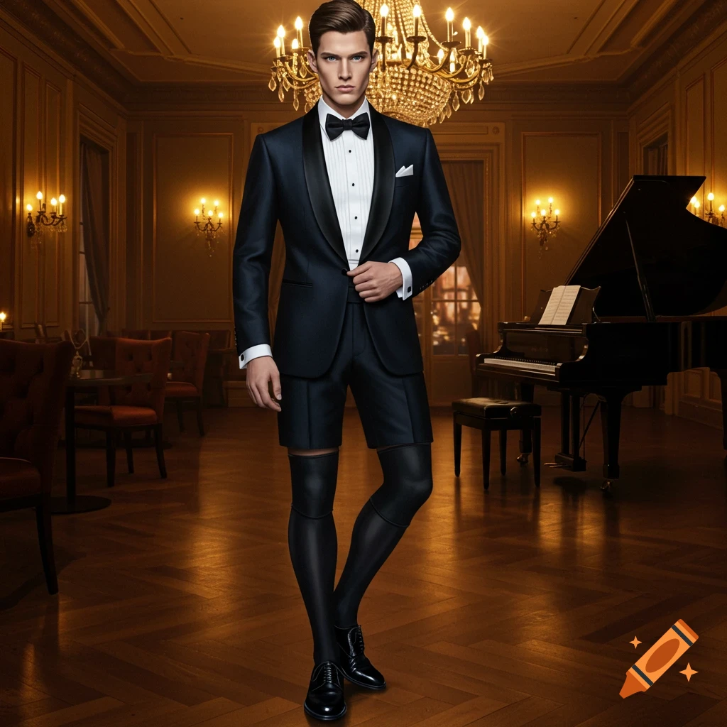 A man in a formal tuxedo jacket, shorts, and black thigh-high stockings stands in a luxurious room with a chandelier and a grand piano.