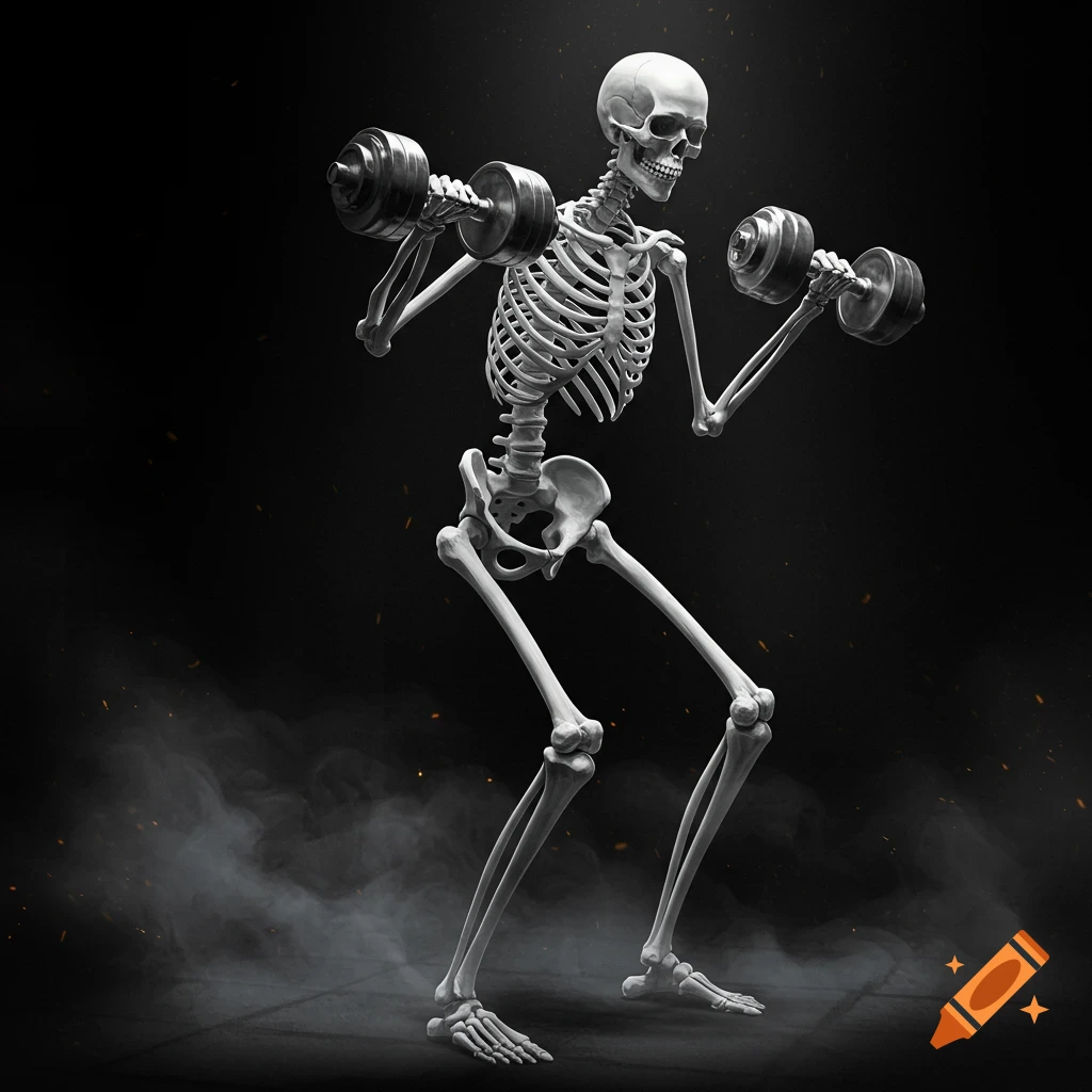 A detailed skeleton lifting two dumbbells in a dark, smoky environment.