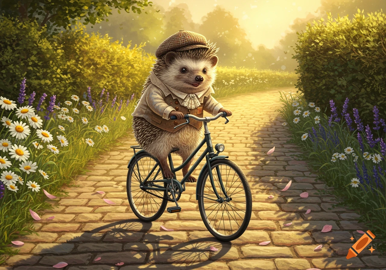 A cute hedgehog wearing Victorian clothes rides a bicycle on a cobblestone path lined with flowers and bushes in a sunny, artistic park setting.