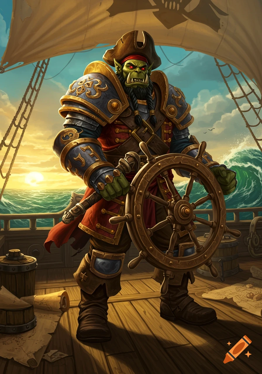 A fantasy illustration of a muscular green orc pirate captain steering a ship, with a sunset over the ocean in the background.