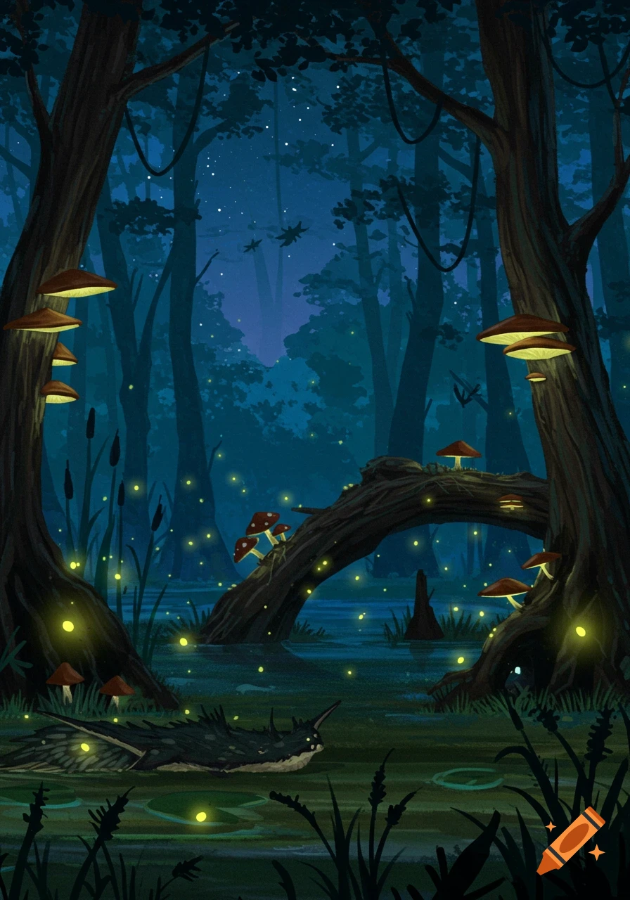 A dark, atmospheric fantasy illustration of a swamp at night, with glowing mushrooms, fireflies, and a creature in the water.
