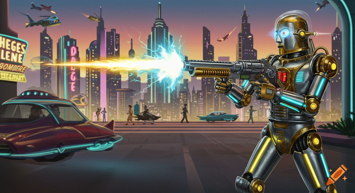 A retro-futuristic robot fires a laser rifle in a 1950s-style city with flying cars and neon-lit buildings.