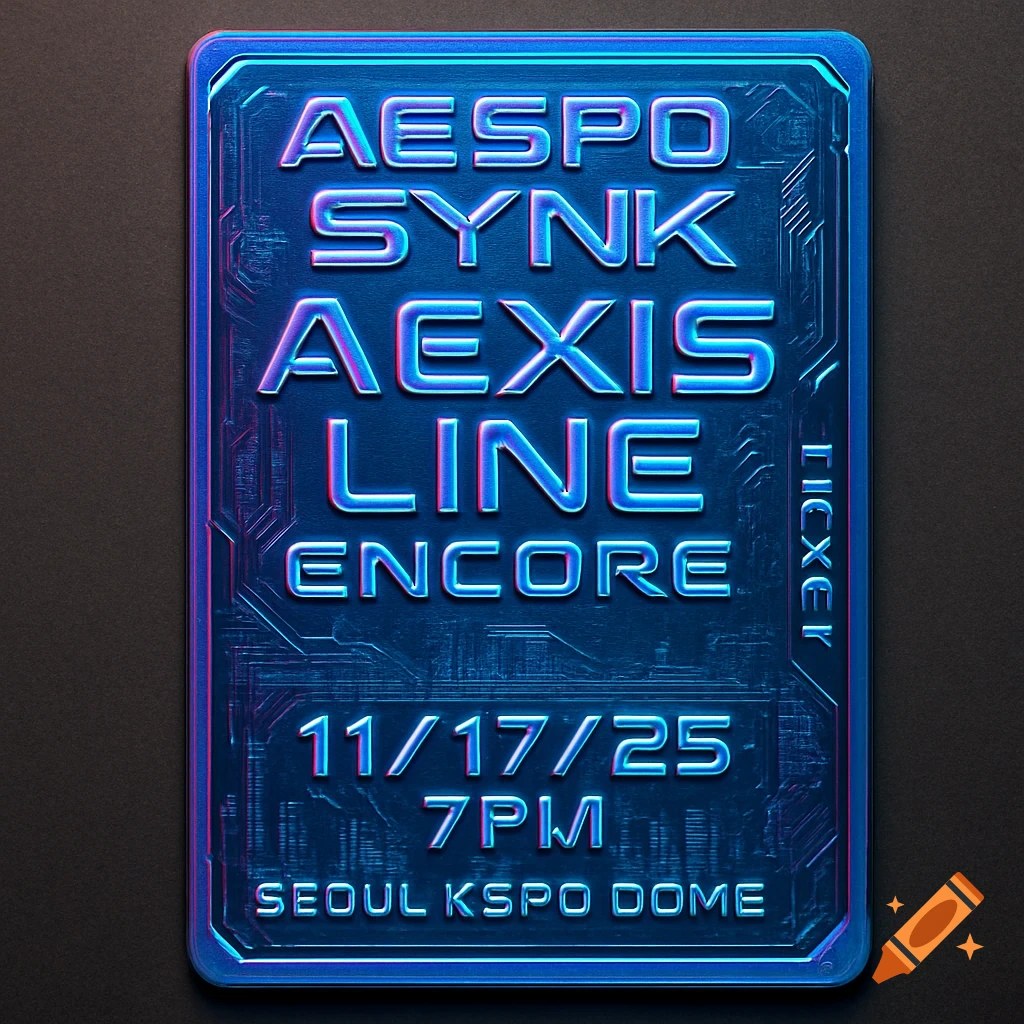 A futuristic blue concert ticket for AESPO SYNK AEXIS LINE ENCORE, 11/17/25, 7 PM at Seoul KSPO Dome.