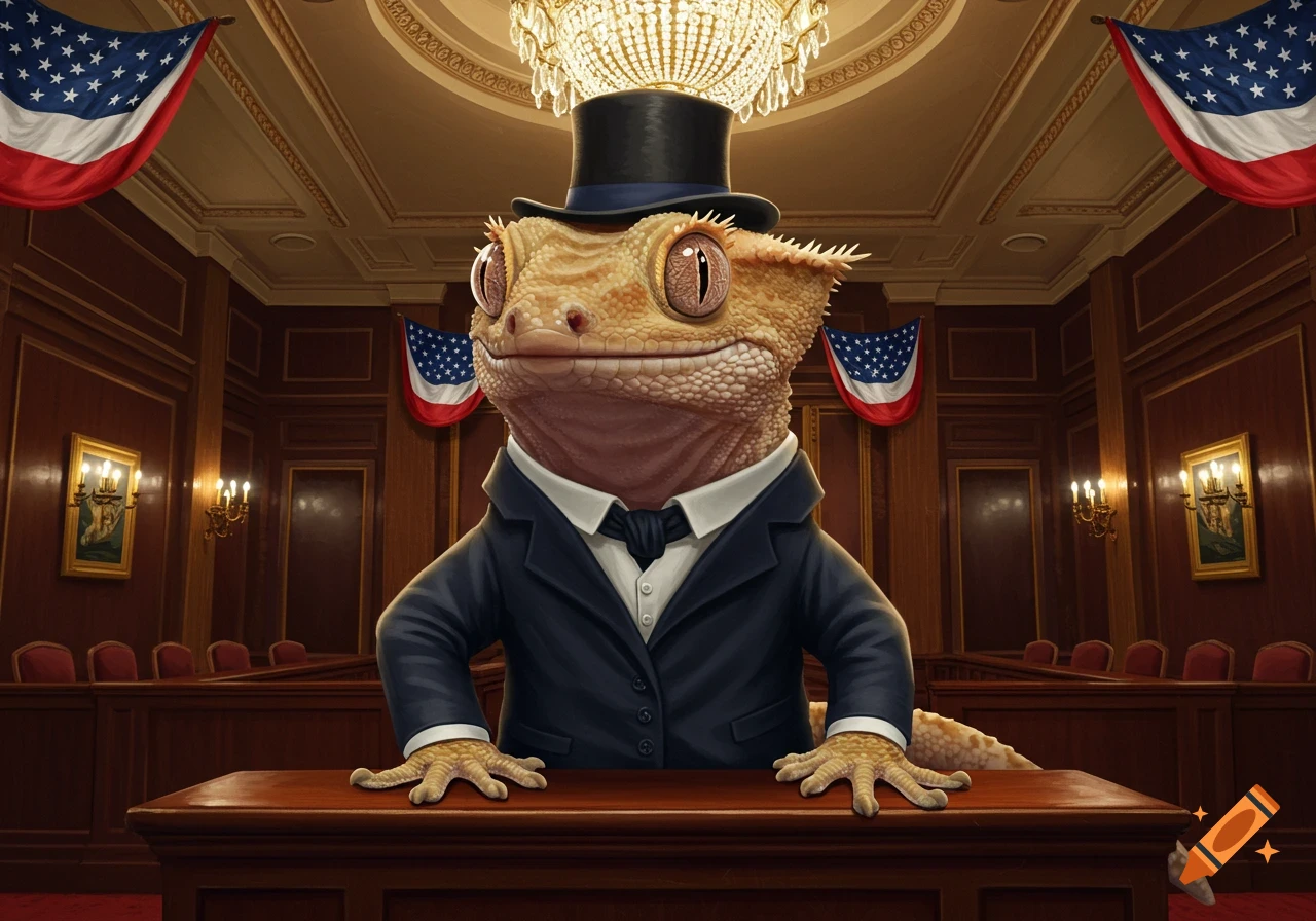 A photorealistic illustration of a crested gecko in a dark suit and top hat standing at a podium in a formal courtroom with American flags.