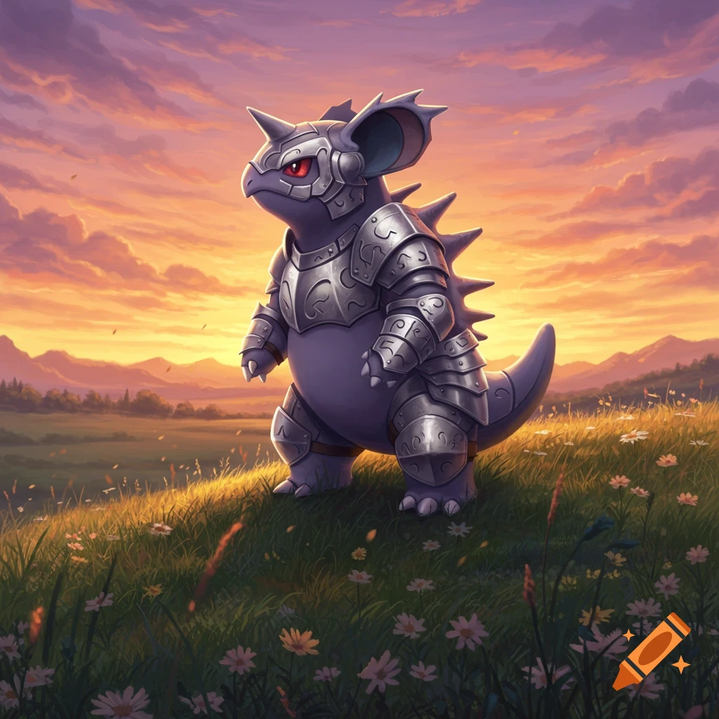 A purple Nidoran in steel armor stands in a vibrant green field with white flowers under a colorful sunset sky.