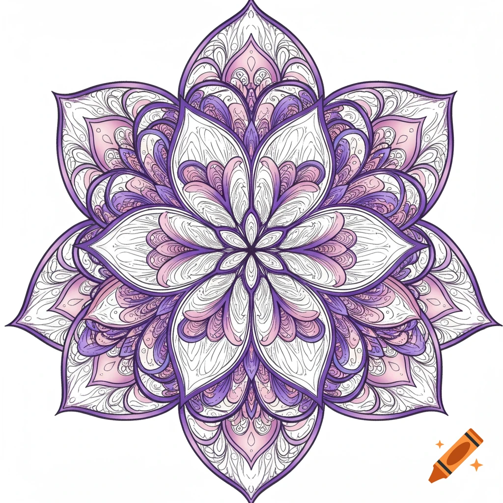 A symmetrical psychedelic flower with complex petals in purple, pink, and white, in a coloring page style.