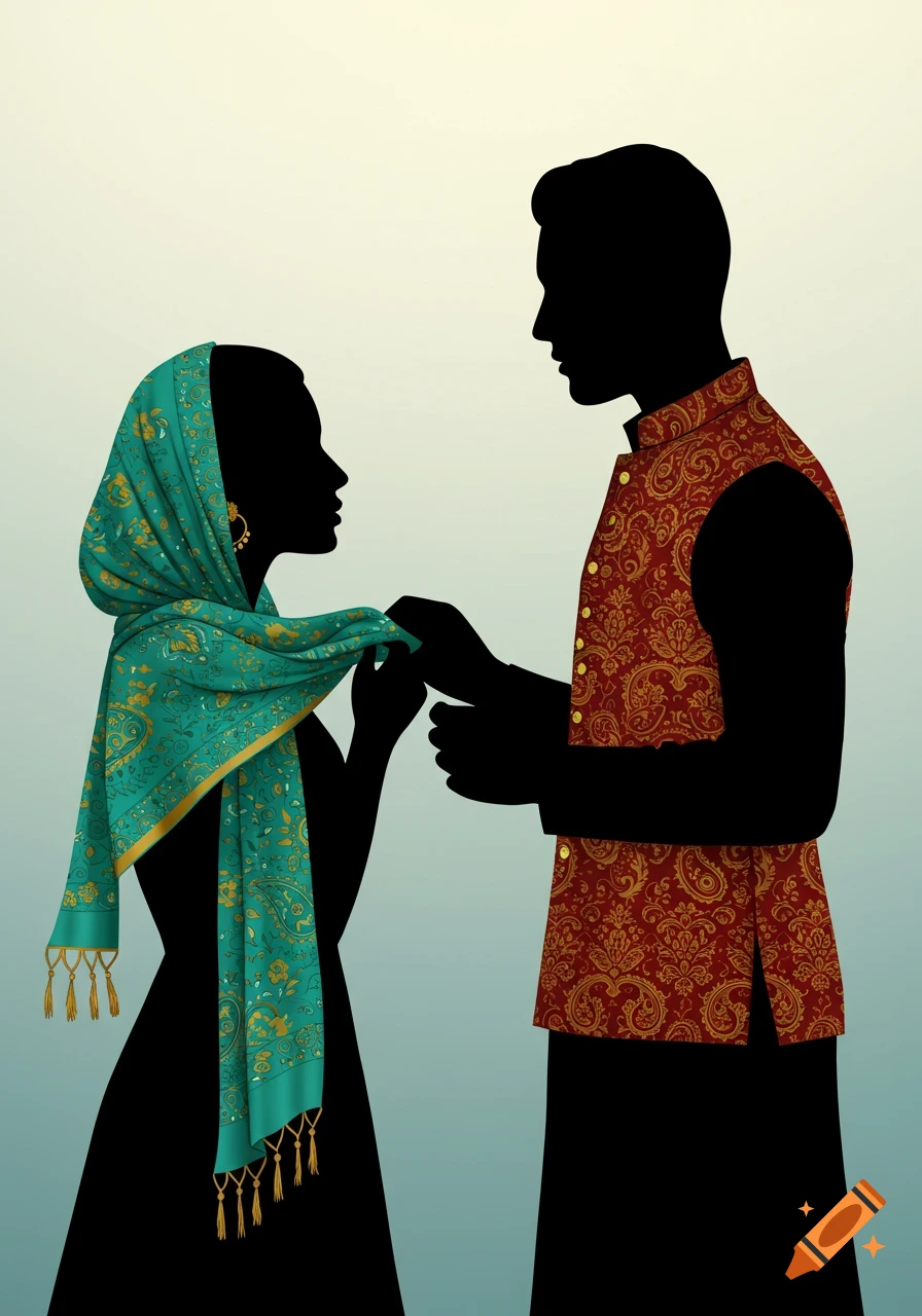 Illustration of silhouetted man in a red and gold paisley vest holding a silhouetted woman's turquoise and gold scarf.