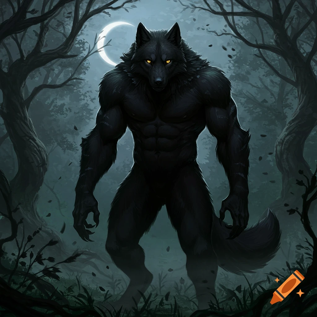 A large, muscular black werewolf with glowing yellow eyes stands in a dark, misty forest under a crescent moon. Digital art.