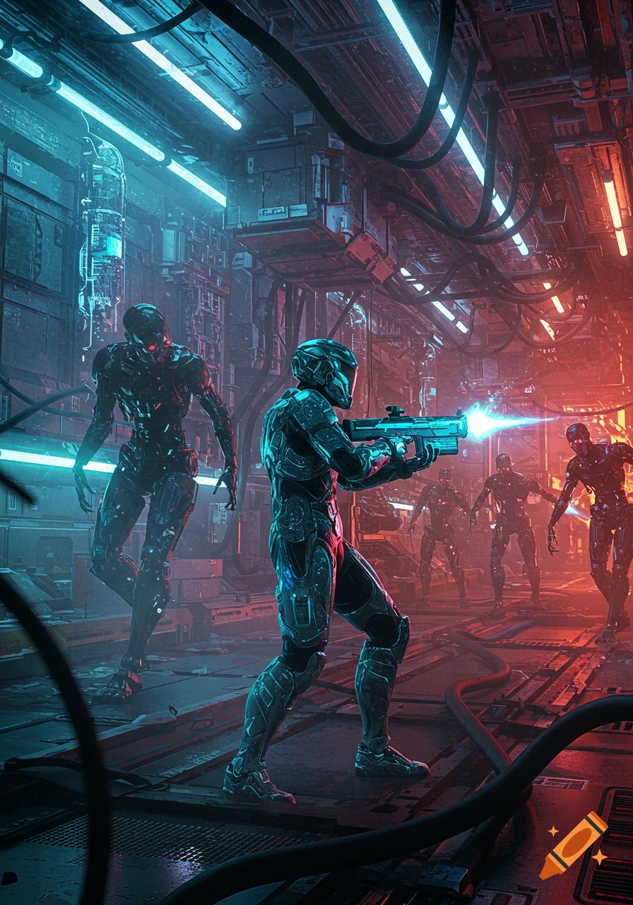 A futuristic soldier in glowing armor fires a laser weapon at a swarm of dark robots in a neon-lit sci-fi corridor.