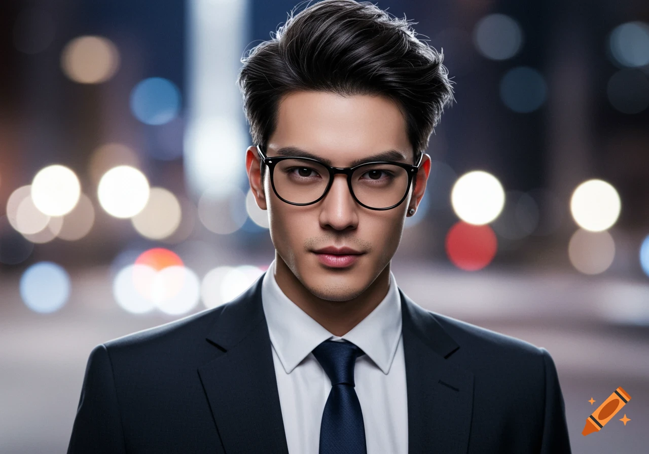 A close-up portrait of a young man with black hair and glasses wearing a dark suit and tie, with blurry city lights in the background.