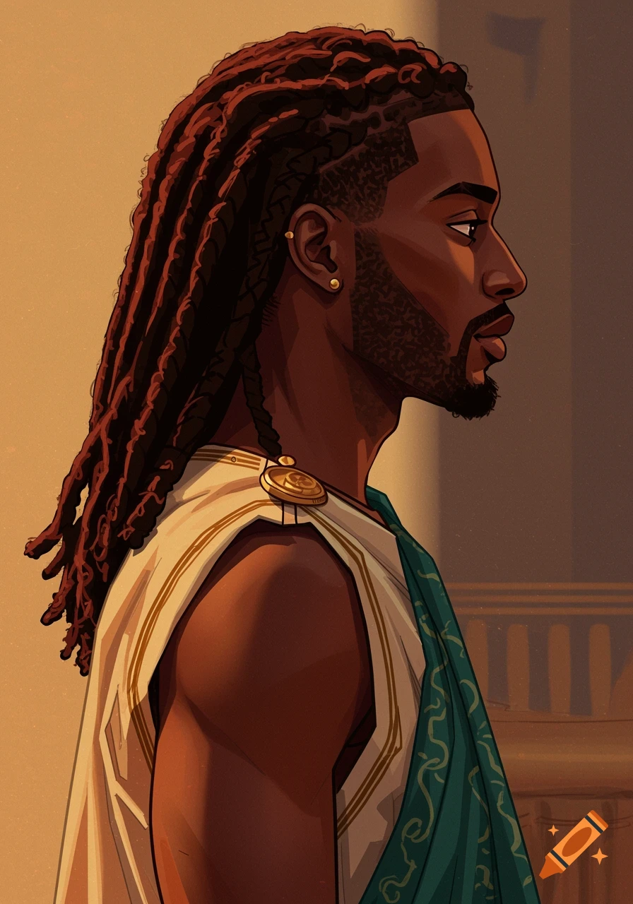 Side profile 2D illustration of a young man with dark skin, long box braids, and a short beard, wearing Hellenistic Greek clothing.