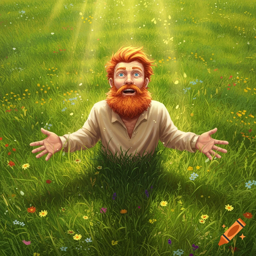 A red-haired man with a beard, looking surprised, emerges from a vibrant green field filled with colorful wildflowers, illuminated by rays of light.