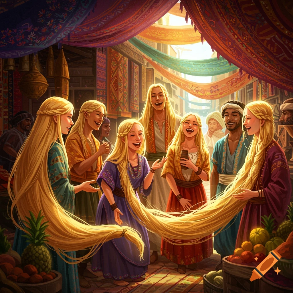 Group of diverse blonde people with very long hair laughing in a vibrant, bustling marketplace under colorful canopies.