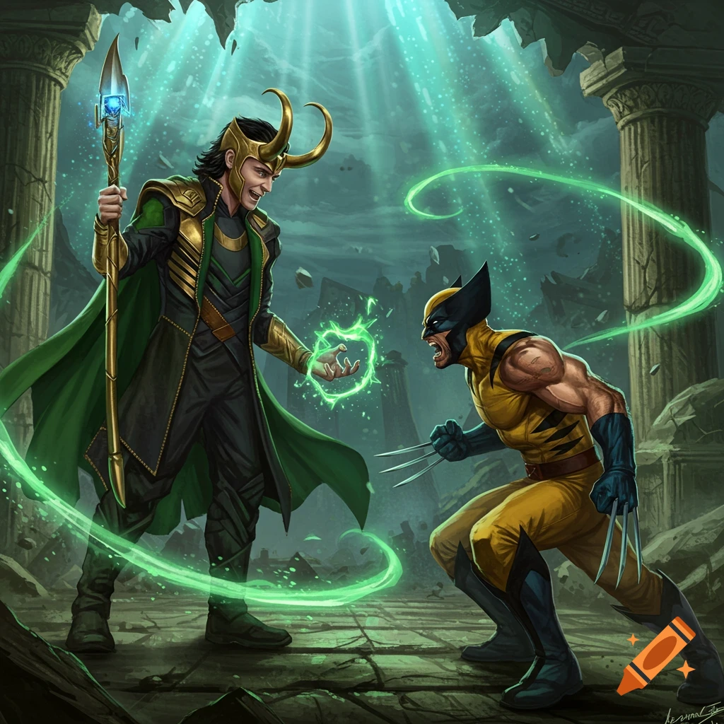 Loki wielding a staff and green magic confronts an enraged Wolverine with claws extended in a ruined, mystical setting, comic art style.