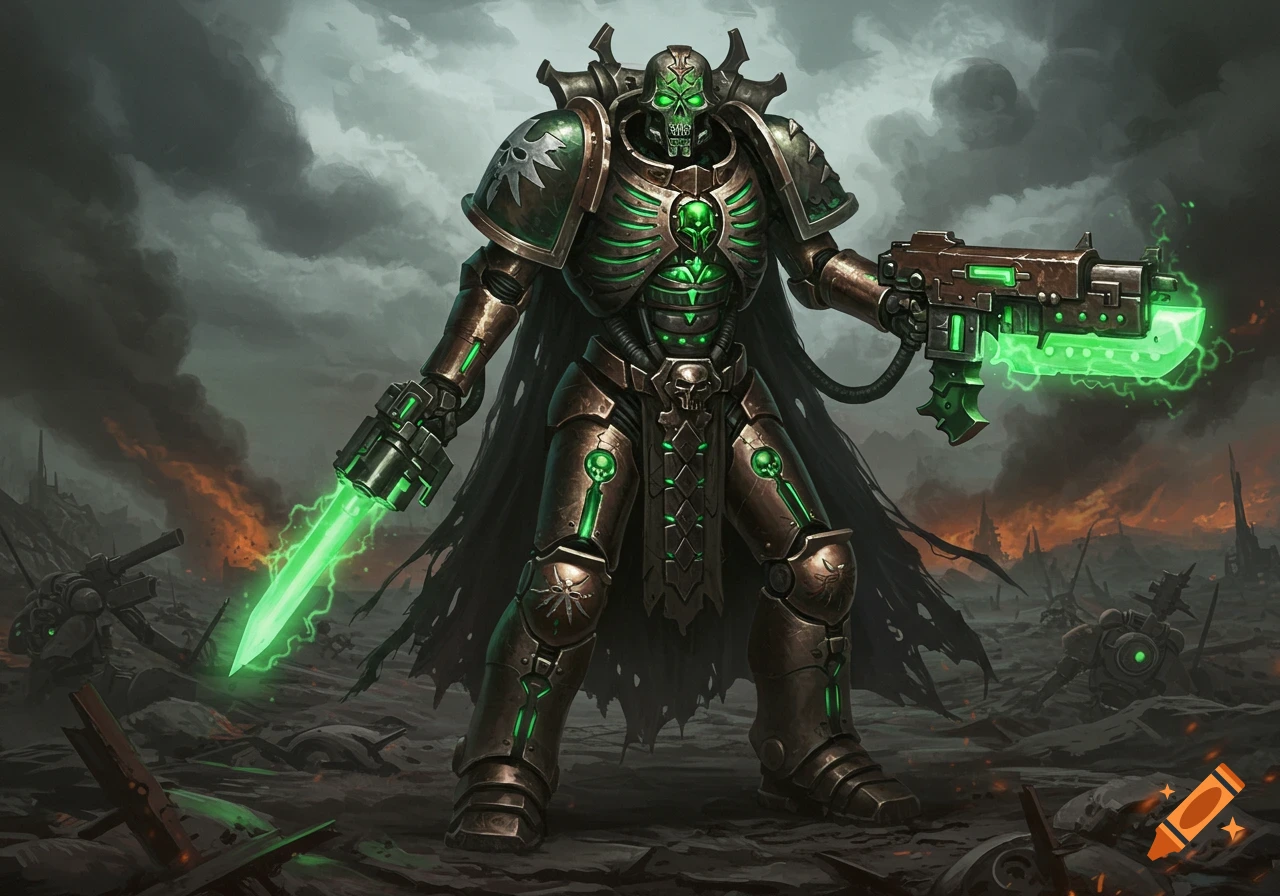 A heavily armored, skeletal warrior with glowing green weapons stands on a desolate battlefield under a stormy sky.