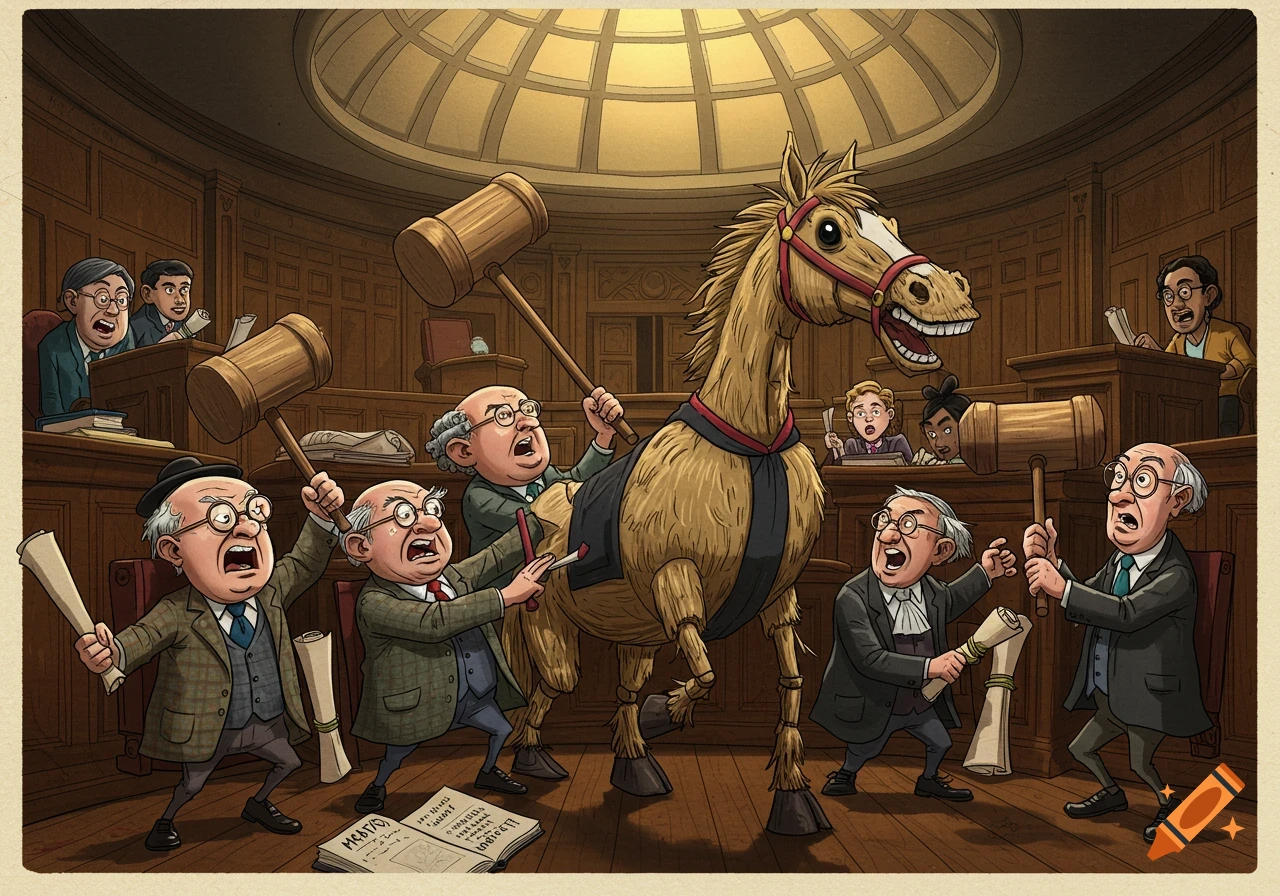 A cartoon illustration shows several angry, caricatured old men in a courtroom using gavels and scrolls to beat a large, smiling horse prop.