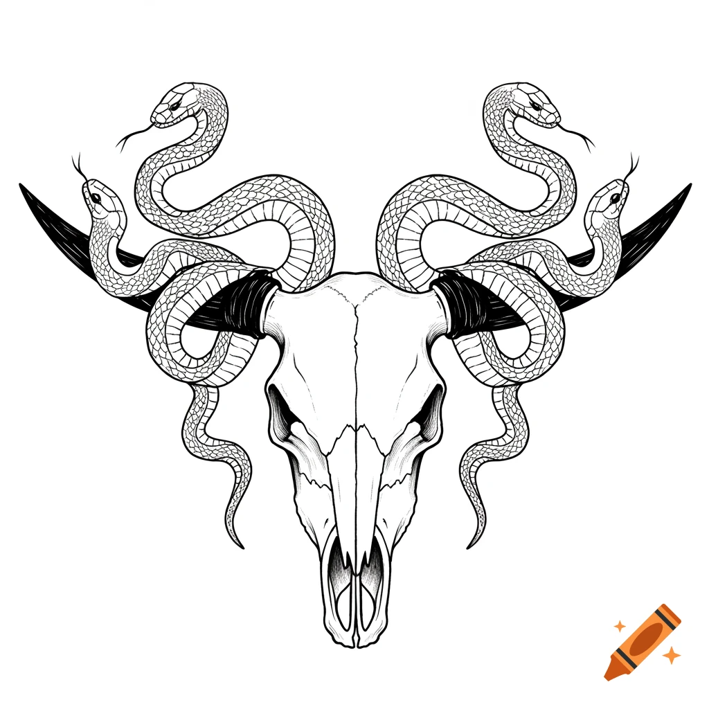 Black and white tattoo style outline drawing of a cow skull with snakes intertwined as horns.