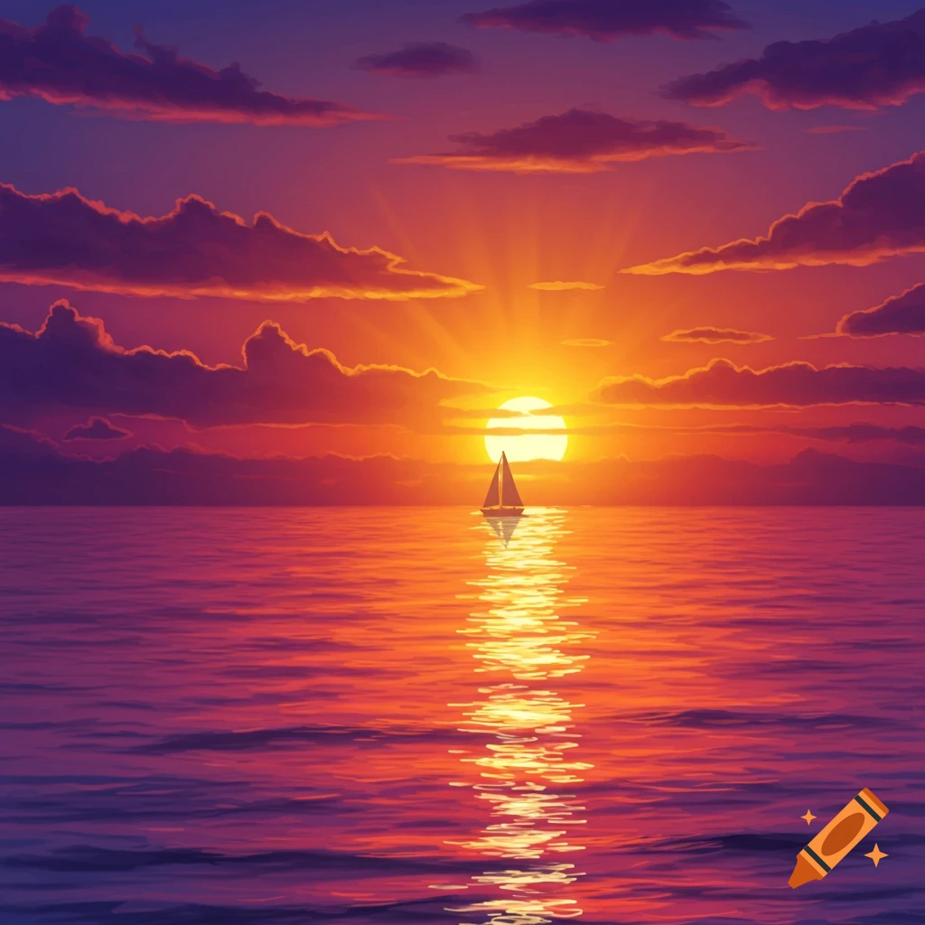 A sailboat silhouetted against a vibrant orange and purple sunset over a calm ocean.