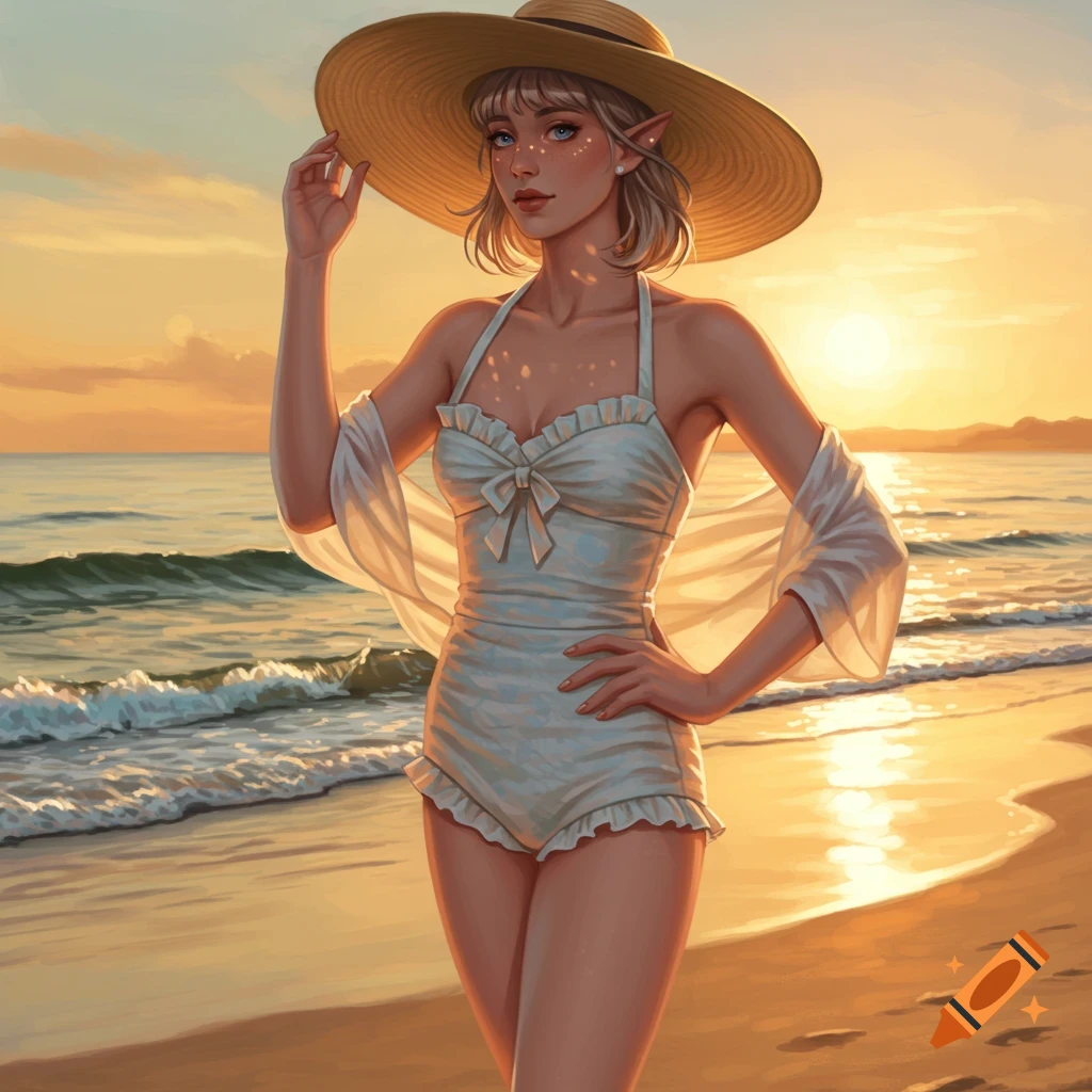 A woman with elf ears in a vintage swimsuit and straw hat poses on a beach at sunset.