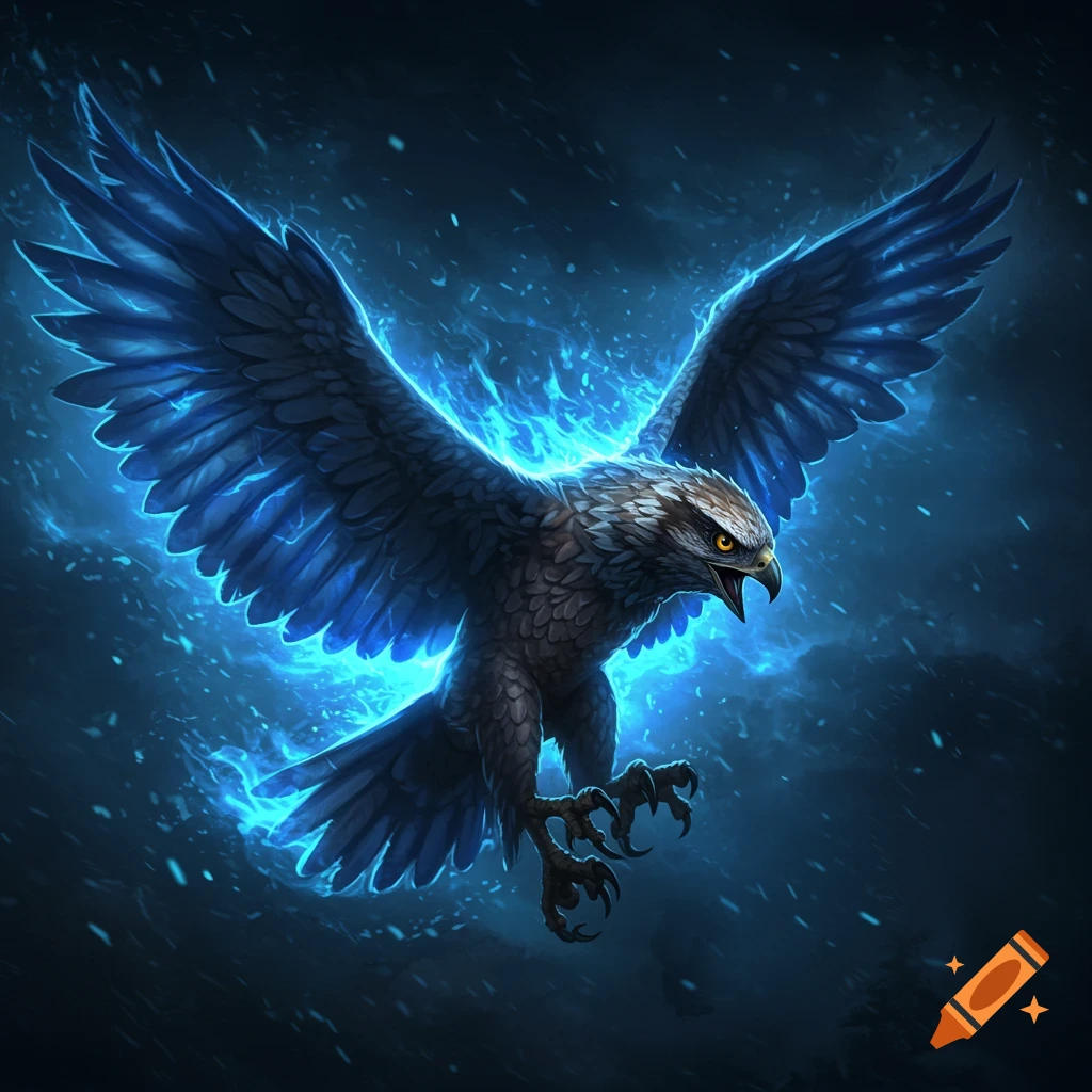 A majestic raptor with wings spread, surrounded by vibrant blue fire against a dark, stormy fantasy background.