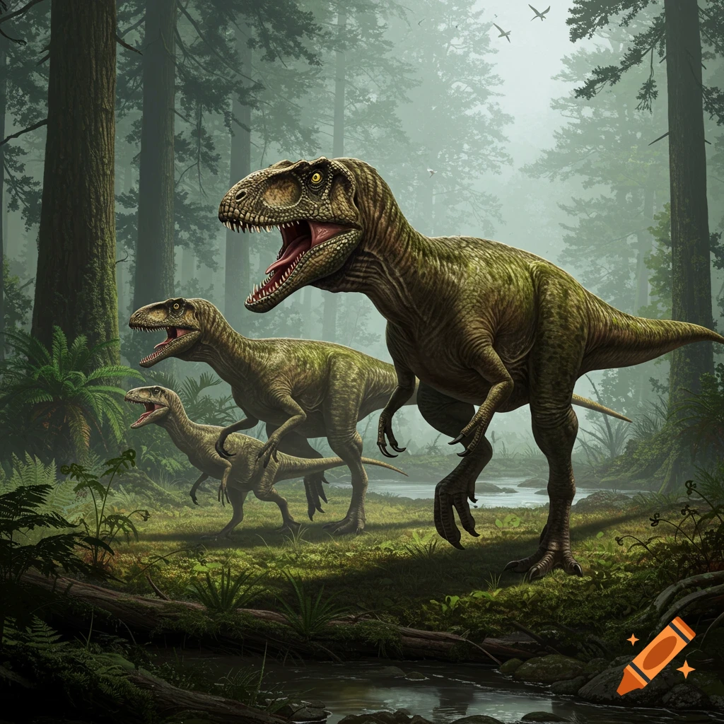 Three realistic dinosaurs, a large one leading two smaller ones, walk through a misty, ancient forest with a stream.