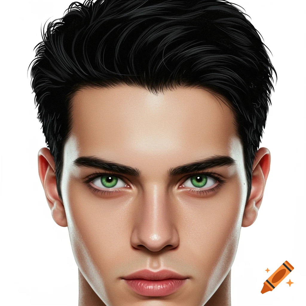 Close-up portrait of a young man with black hair and green eyes on a white background, photorealistic style.