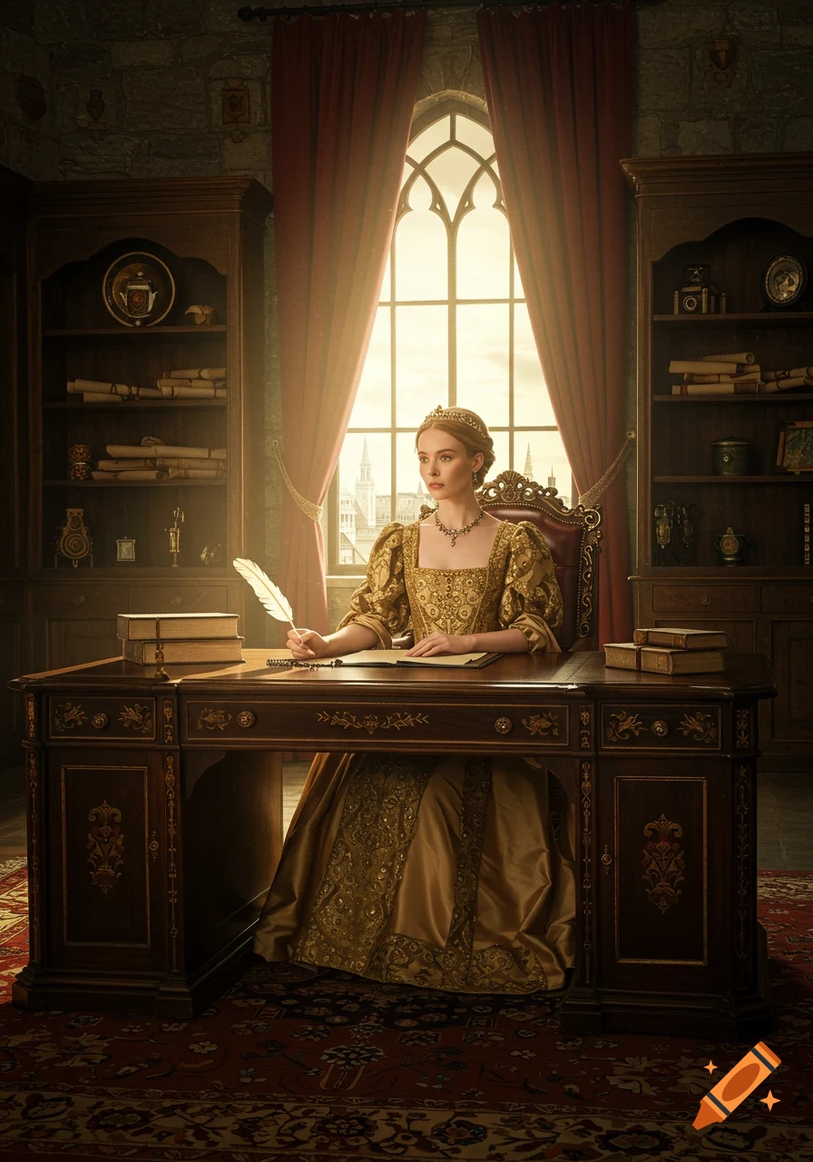 A photorealistic image of a woman in a gold historical gown and tiara sitting at an ornate wooden desk, holding a quill, in a grand room with bookshelves and a large window.