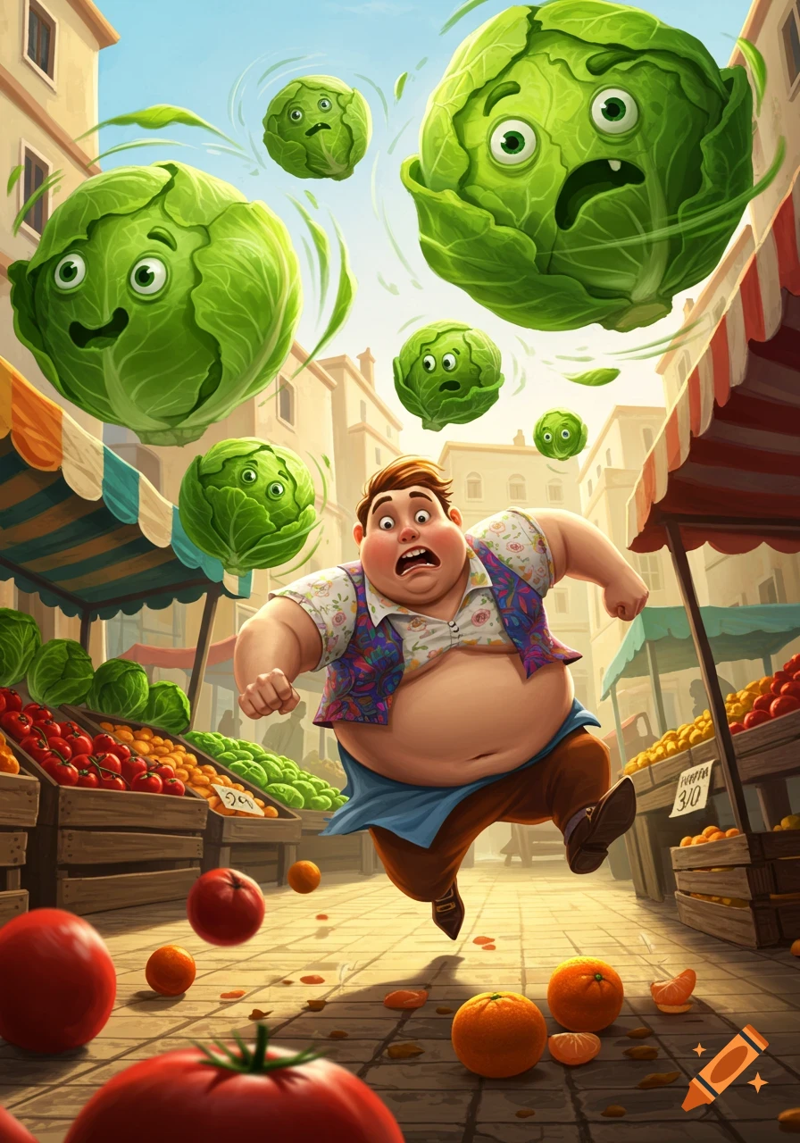 A terrified, overweight cartoon man with a floral shirt and blue apron runs through a vibrant outdoor market as several sentient, floating cabbages with expressive faces chase him, with other fruits and vegetables scattered on the ground.
