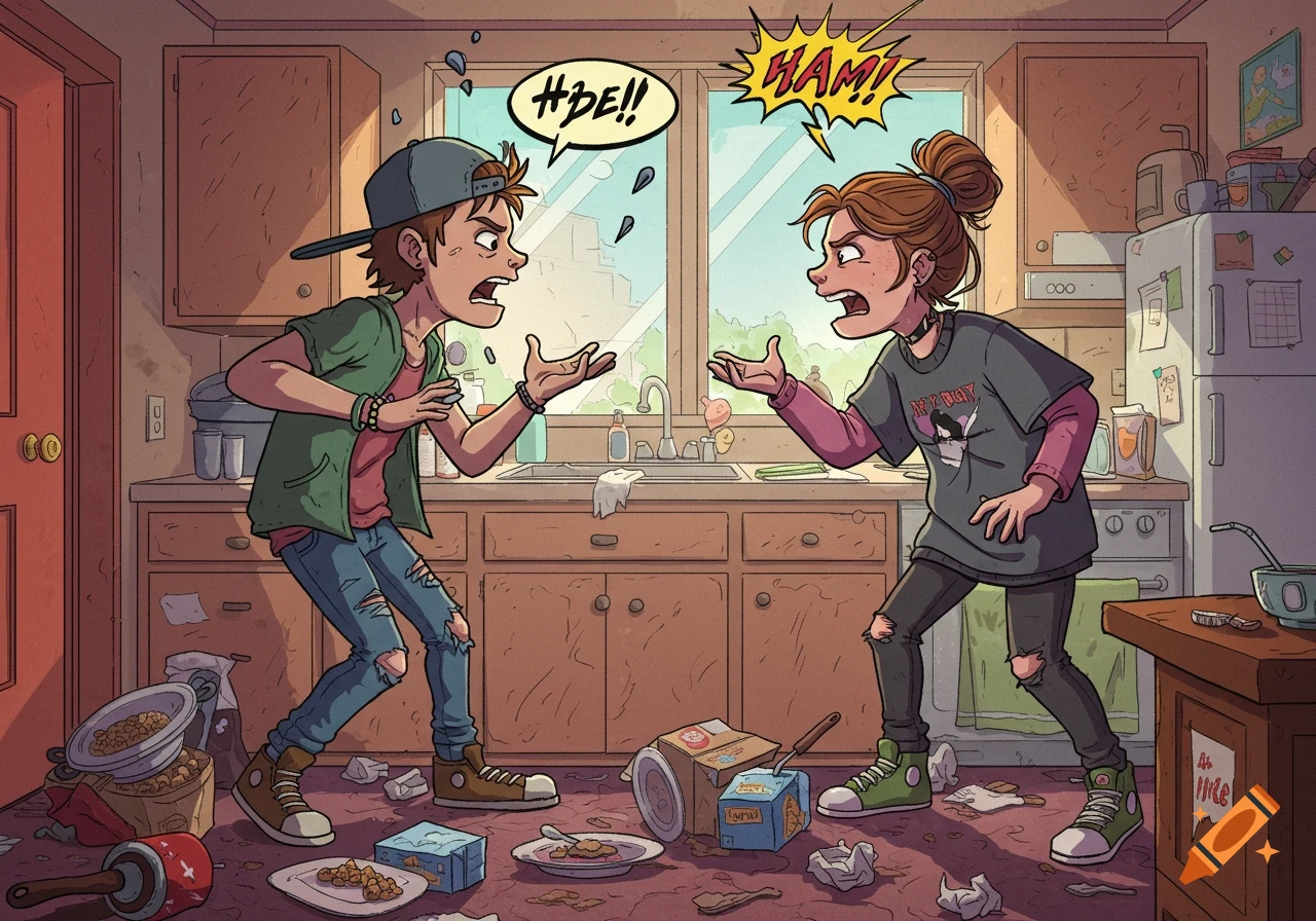 Two cartoon teenagers with angry expressions argue in a very messy kitchen, surrounded by scattered food and trash.