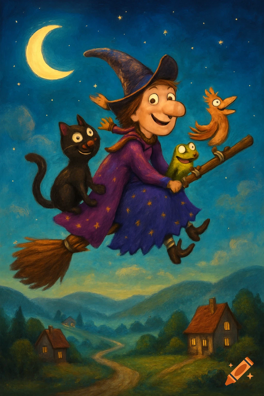A cartoon witch with a cat, frog, and bird flies on a broomstick under a crescent moon, over a landscape with houses, in a children's book illustration style.