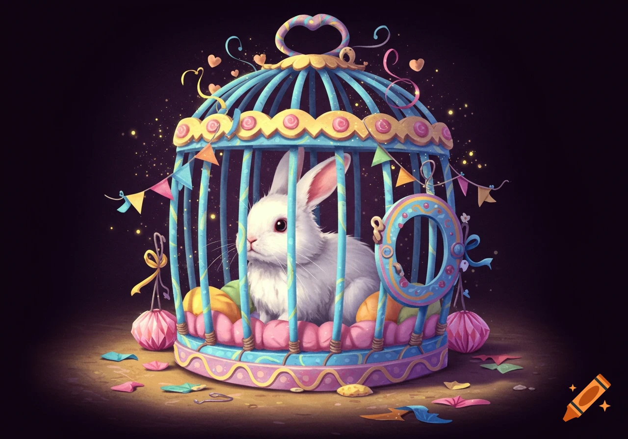 A whimsical illustration of a white rabbit sitting in a brightly colored, ornate cage adorned with hearts, banners, and sparkling lights.