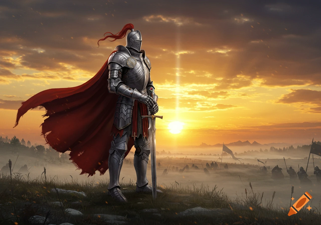 A knight in shining armor and a red cape stands on a hill at sunset, holding a sword, with a misty battlefield in the distance.