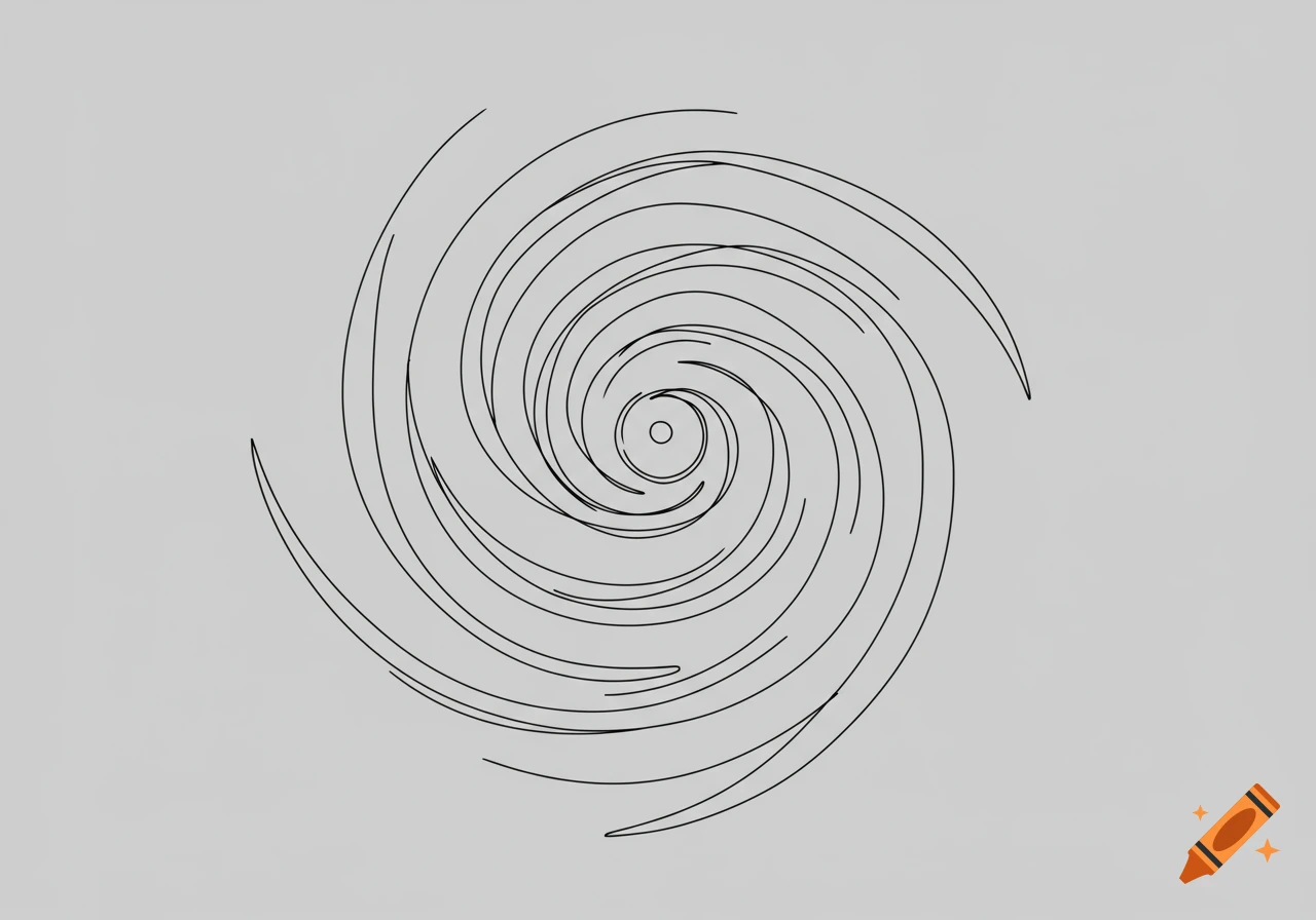 A minimalist black line drawing depicts a spiral shape resembling a hurricane or vortex on a light gray background.