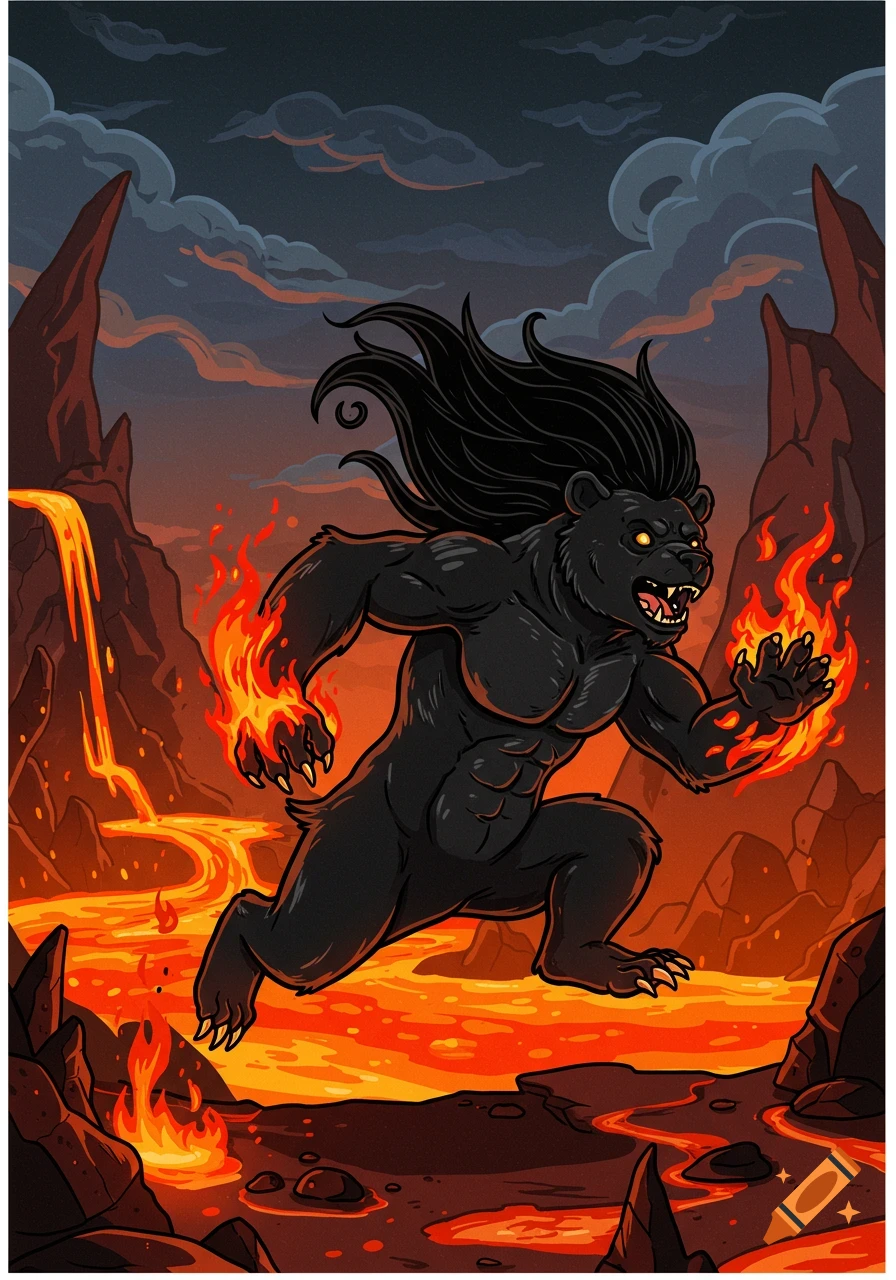 A cartoon black hellbear with long dark hair and fiery hands runs through a landscape of lava and volcanic rocks under a stormy sky.