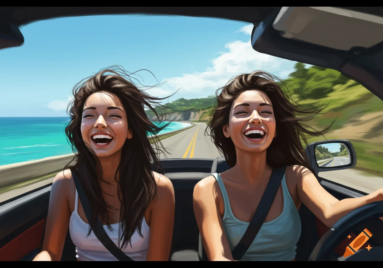 Two happy women with windblown hair in a convertible driving along a sunny coastal road.