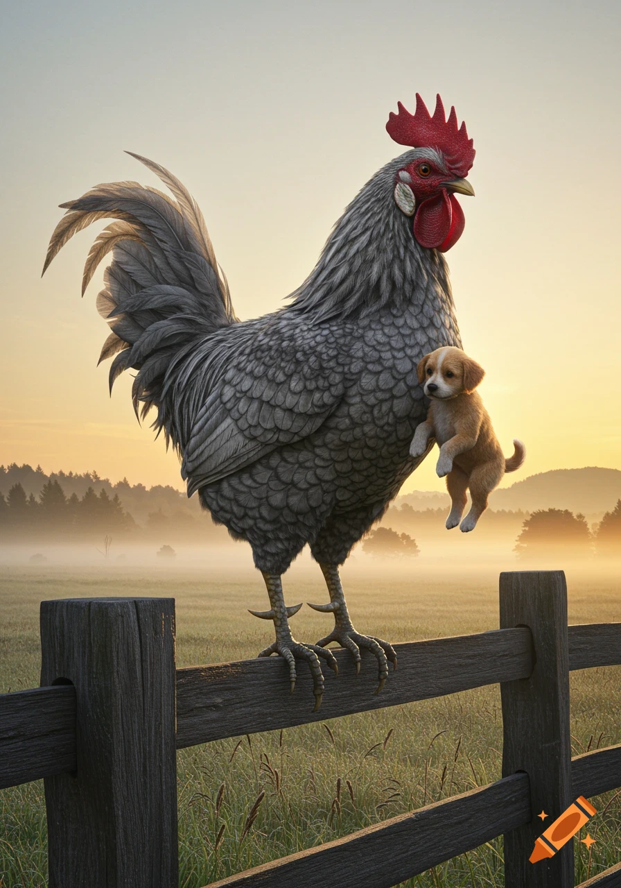 Giant gray rooster standing on a wooden fence, holding a small brown puppy beside its body in a misty field at sunrise.