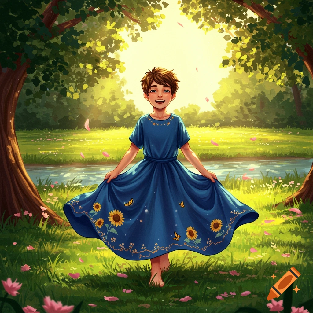 A happy child in a blue dress with sunflowers and butterflies, standing barefoot in a sunny green meadow with a stream and trees. Stylized illustration.