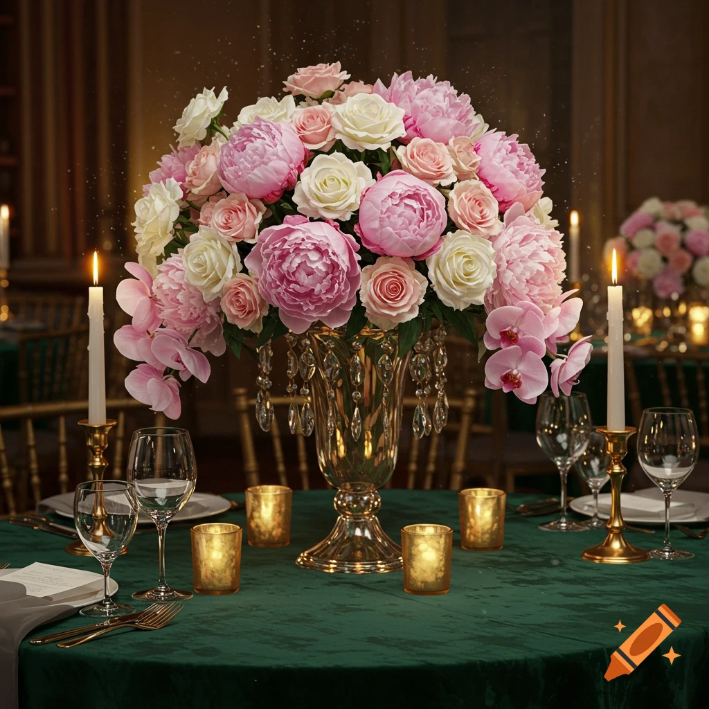 Large floral centerpiece with pink and white peonies and roses in a crystal vase on a green velvet table, surrounded by candles and wine glasses.