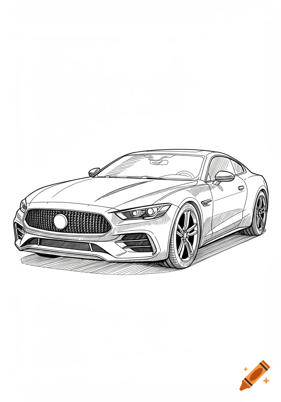 A detailed black and white line drawing of a modern sports car, viewed from the front quarter angle.