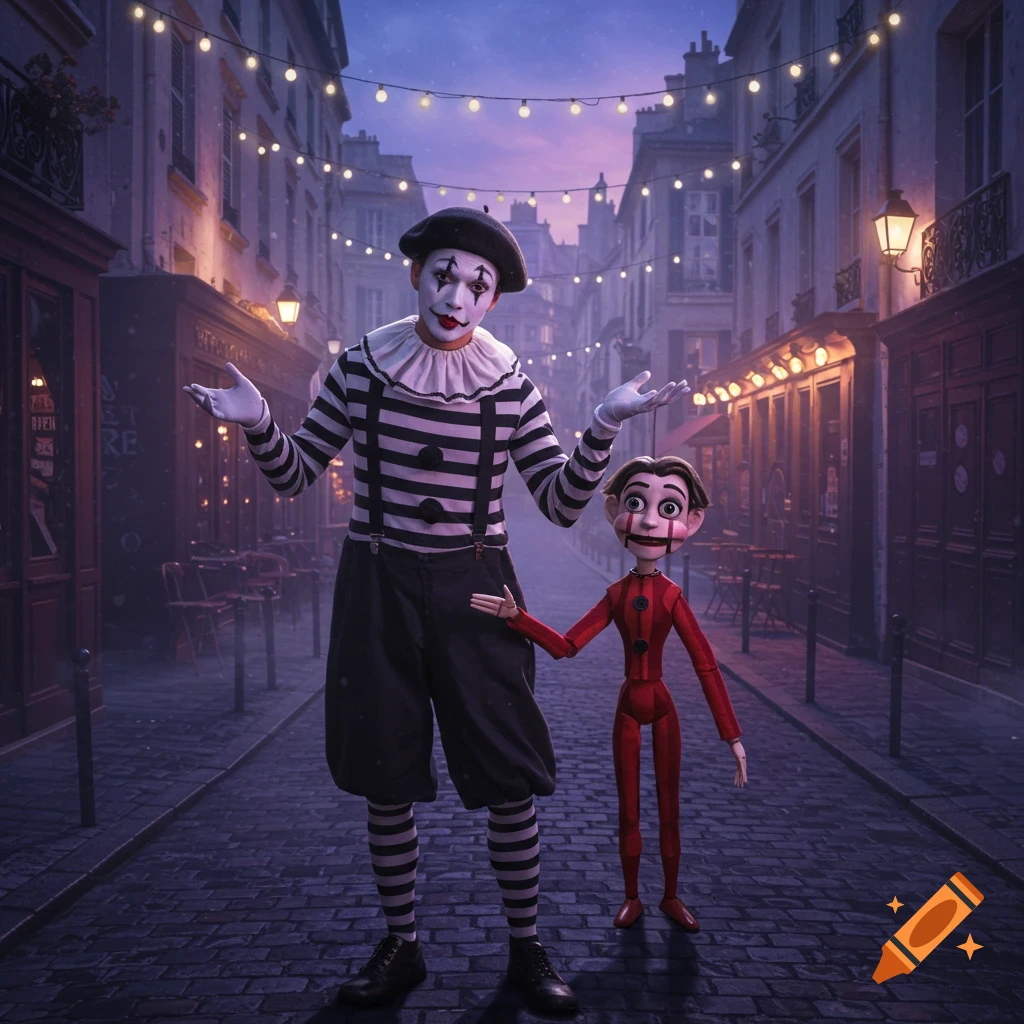 A mime stands in a dimly lit cobbled European street under string lights, holding a small red puppet.