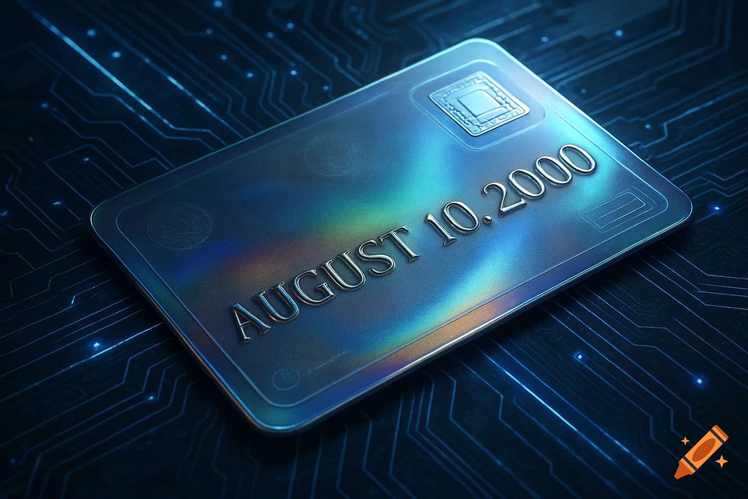 A metallic card with "AUGUST 10.2000" embossed on it, lying on a glowing circuit board.