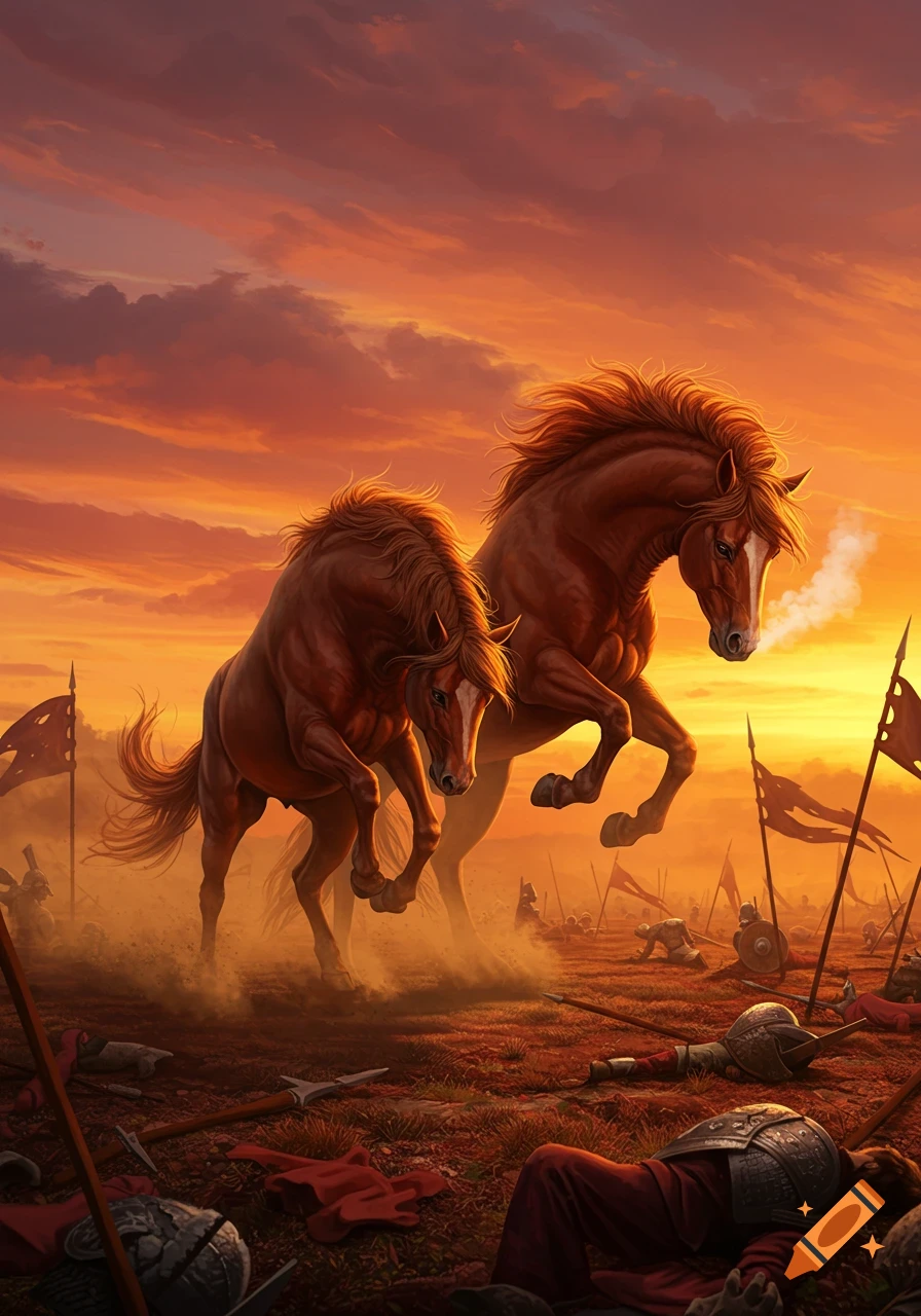 Two brown horses rear up on a chaotic battlefield filled with fallen warriors and flags, under an orange sunset sky in a stylized digital painting.