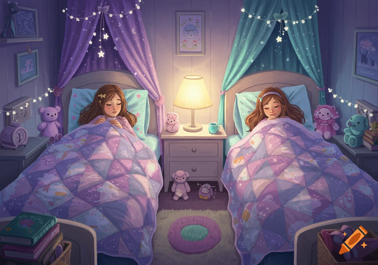 Two young girls sleep peacefully in separate beds in a whimsical, star-lit bedroom, each under a patchwork quilt.