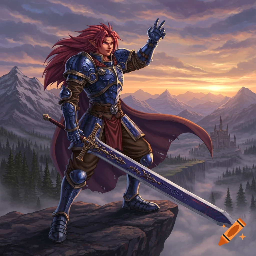 Red-haired warrior in blue armor with a sword on a cliff overlooking a fantasy landscape at sunset.